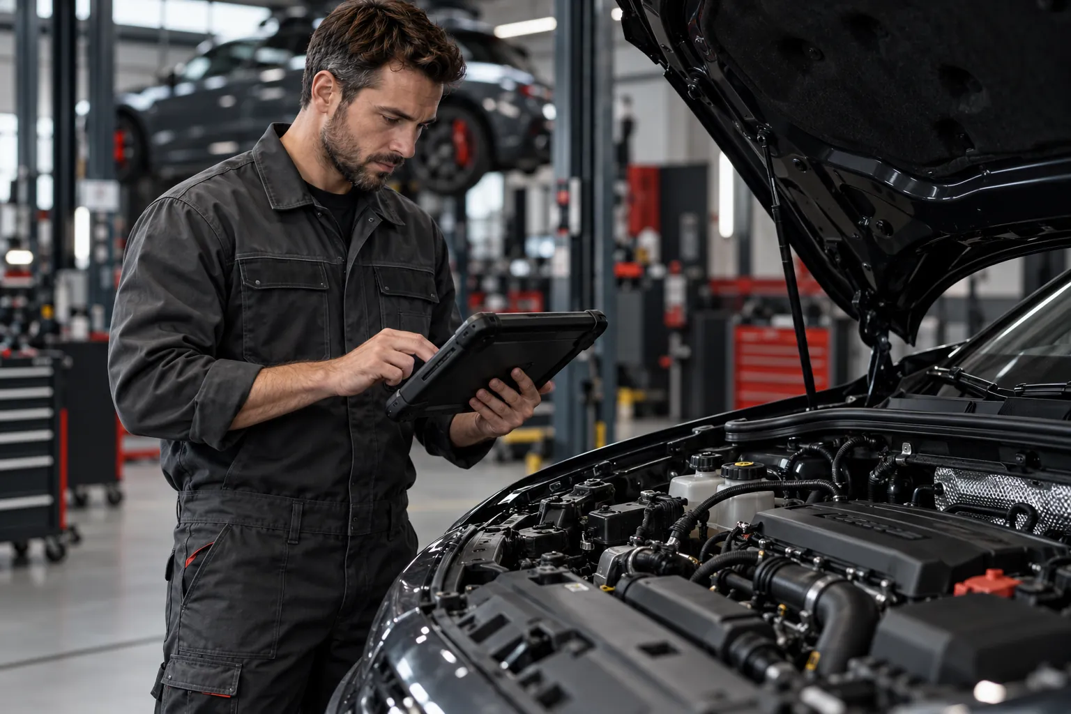 Mechanik sprawdza samochód przy użyciu urządzenia diagnostycznego