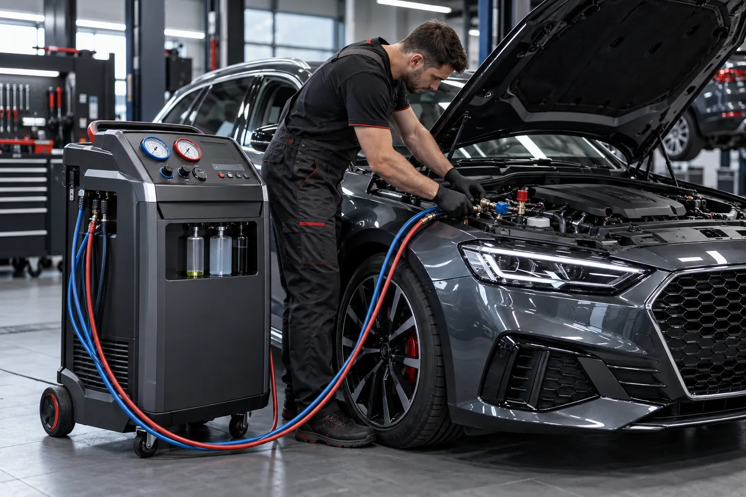 Technik obsługuje urządzenie do serwisu klimatyzacji samochodowej