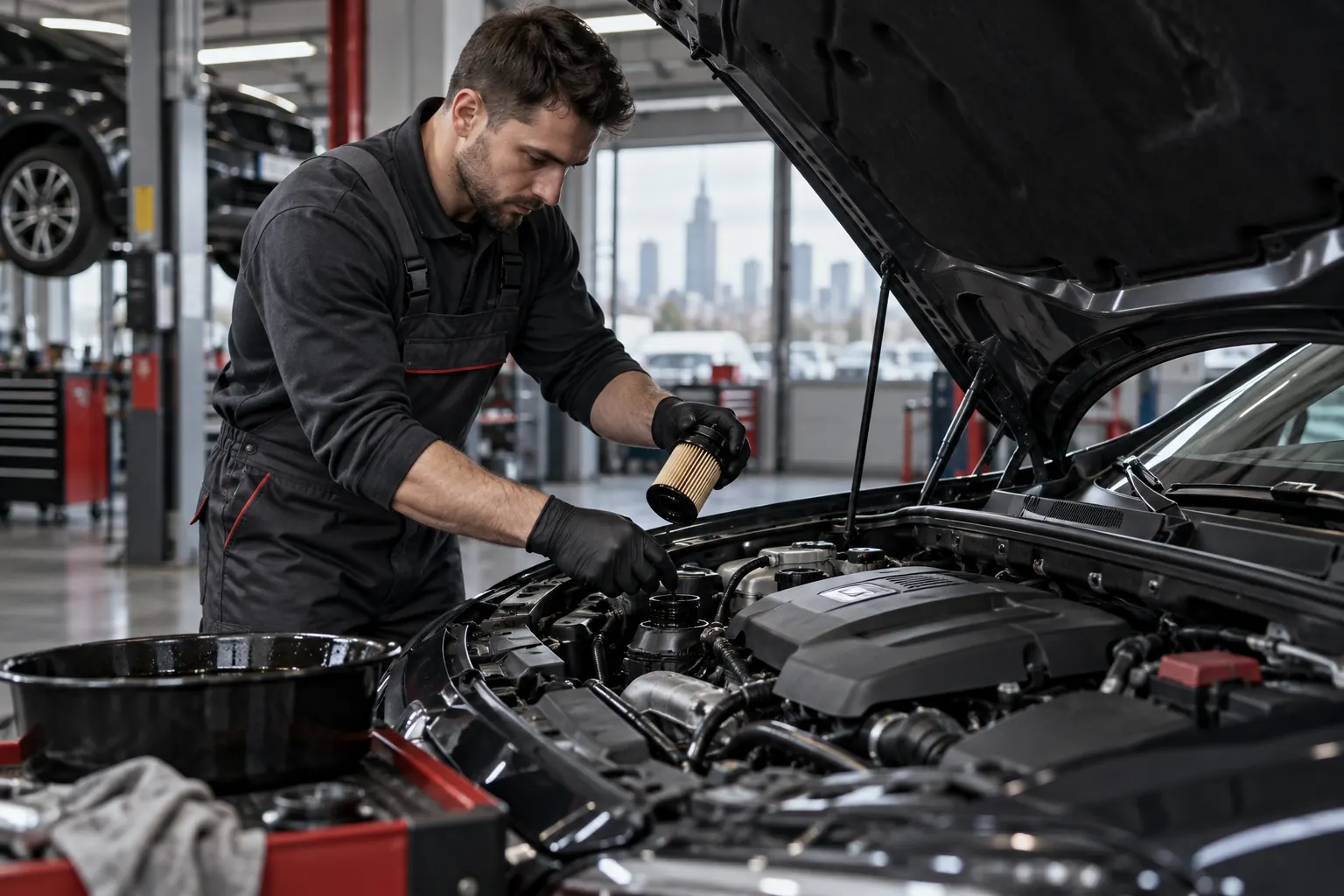 Mechanik kontroluje silnik i wymienia olej w samochodzie