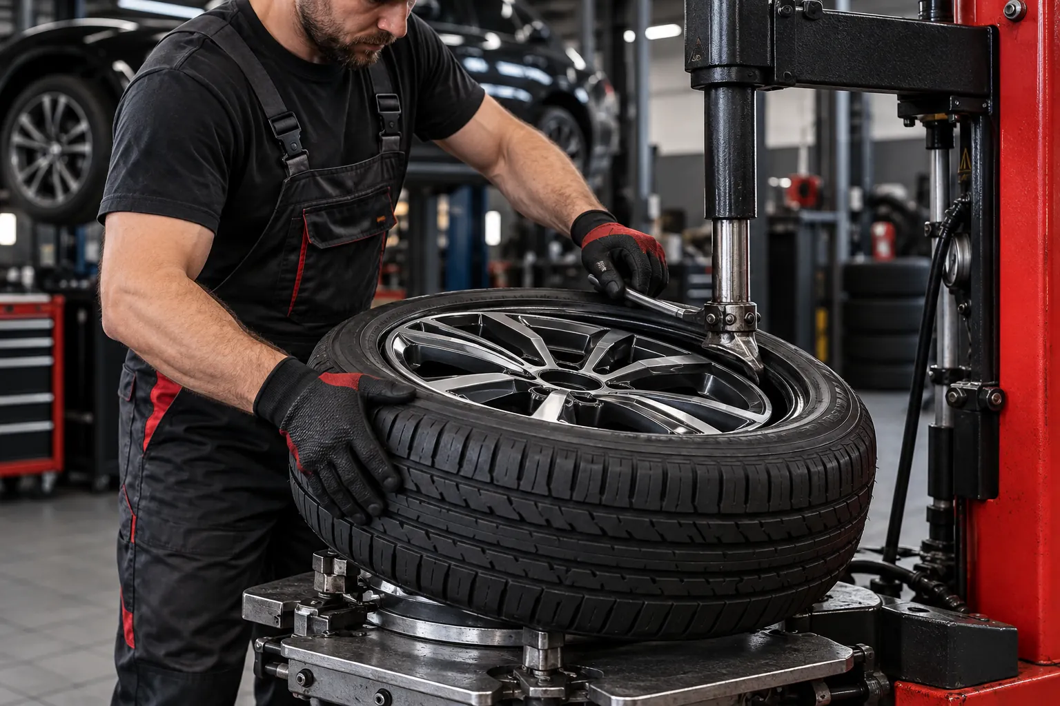 Mechanik montuje oponę na feldze w warsztacie